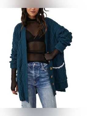 Free People Montana Cable Knit Varsity Sweater Navy Chunky Oversize Size Medium